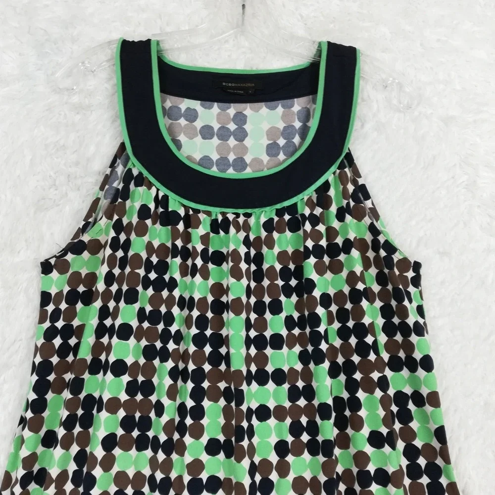 BCBG Maxazria‎ Womens Dress Tent Sleeveless Green Navy Polkadot Pockets Mini L
